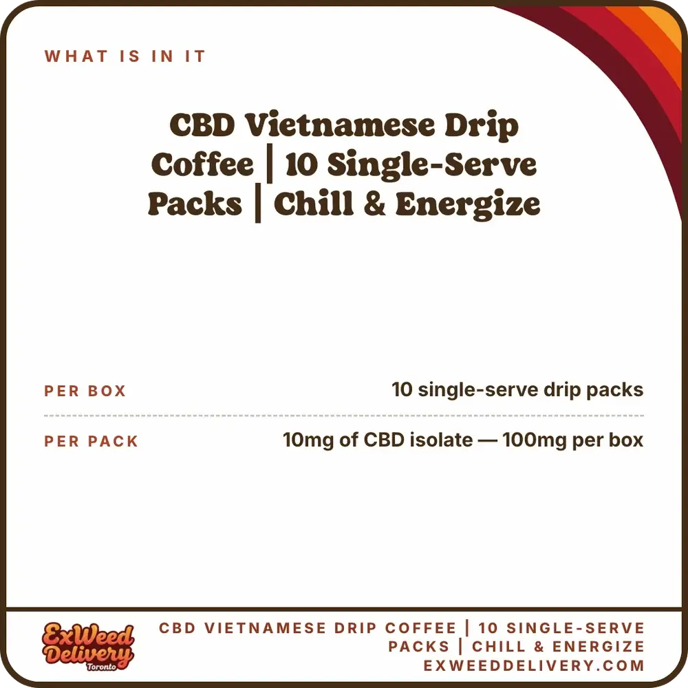 CBD Vietnamese Drip Coffee | 10 Single-Serve Packs | Chill & Energize specs