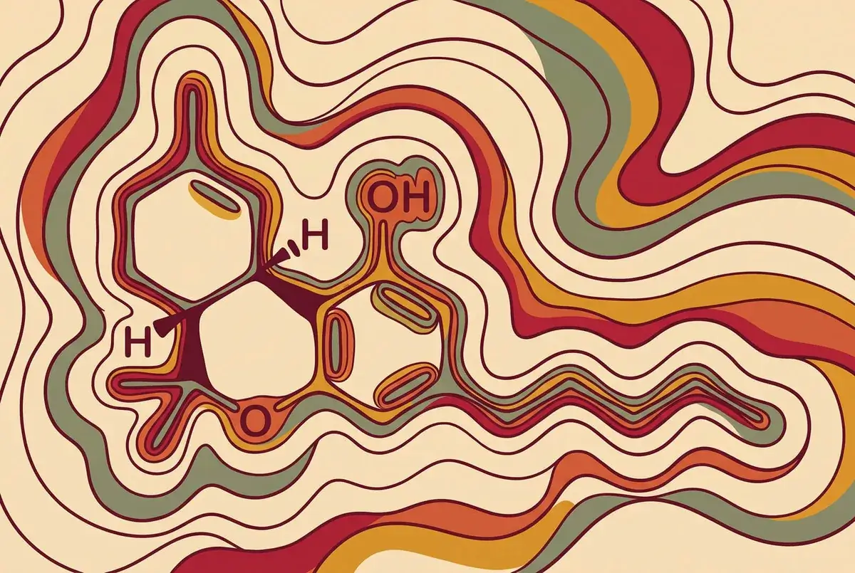 The delta-9 THC molecule drawn in outline inside nested retro ribbon lanes