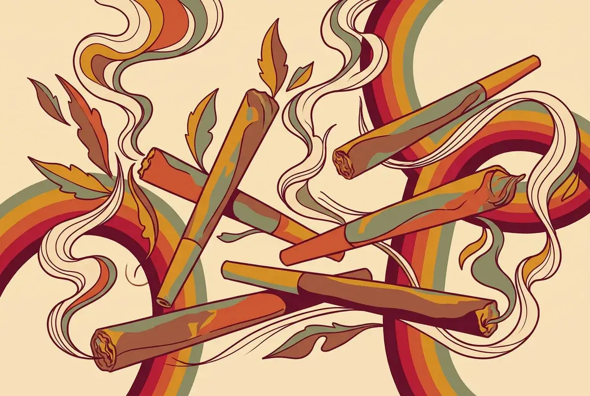 Lit cannabis pre-rolls trailing smoke over retro rainbow arcs