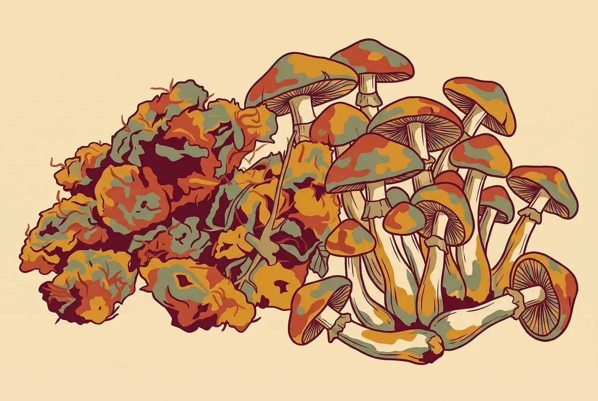 Cannabis buds beside psilocybin mushrooms, drawn in the ExWeed retro style