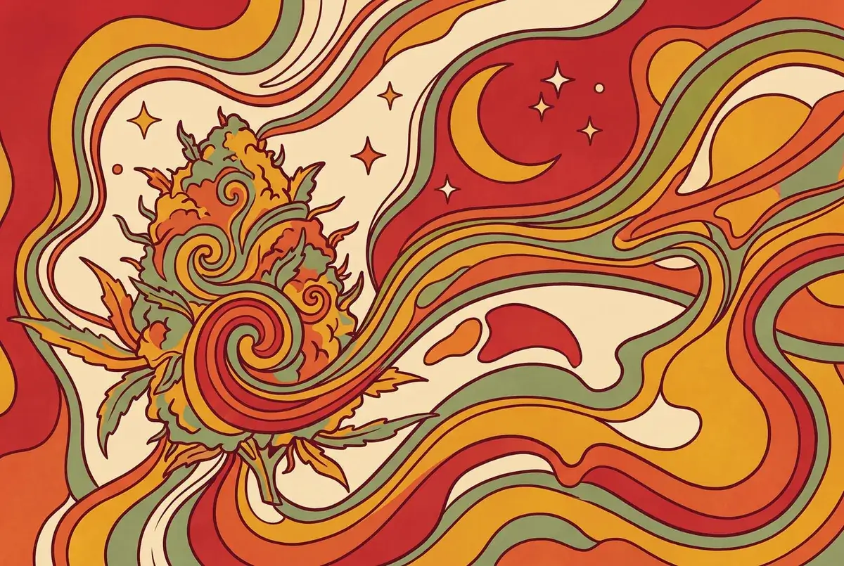 A cannabis bud beside a crescent moon and stars in swirling retro colour