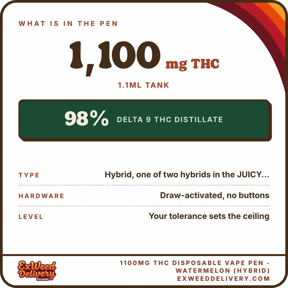 1100mg THC Disposable Vape Pen - Watermelon (Hybrid) specs